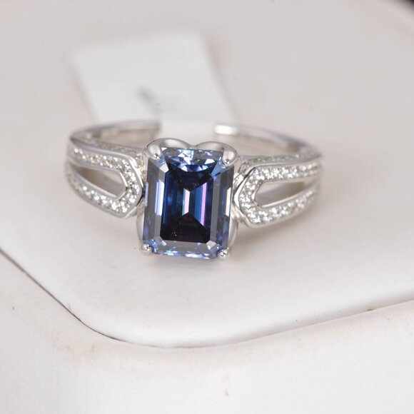 3ct Ring Deep Purple Emerald Cut Moissanite Engagement Ring - Picture 1 of 7